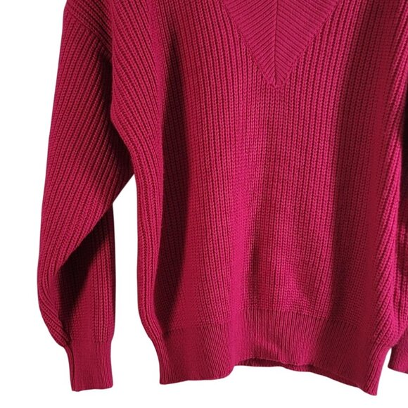 Lindsey Blake Chunky Knit Sweater Pink Med Long Sleeve V Neck Shoulder Pads VTG - Picture 3 of 6